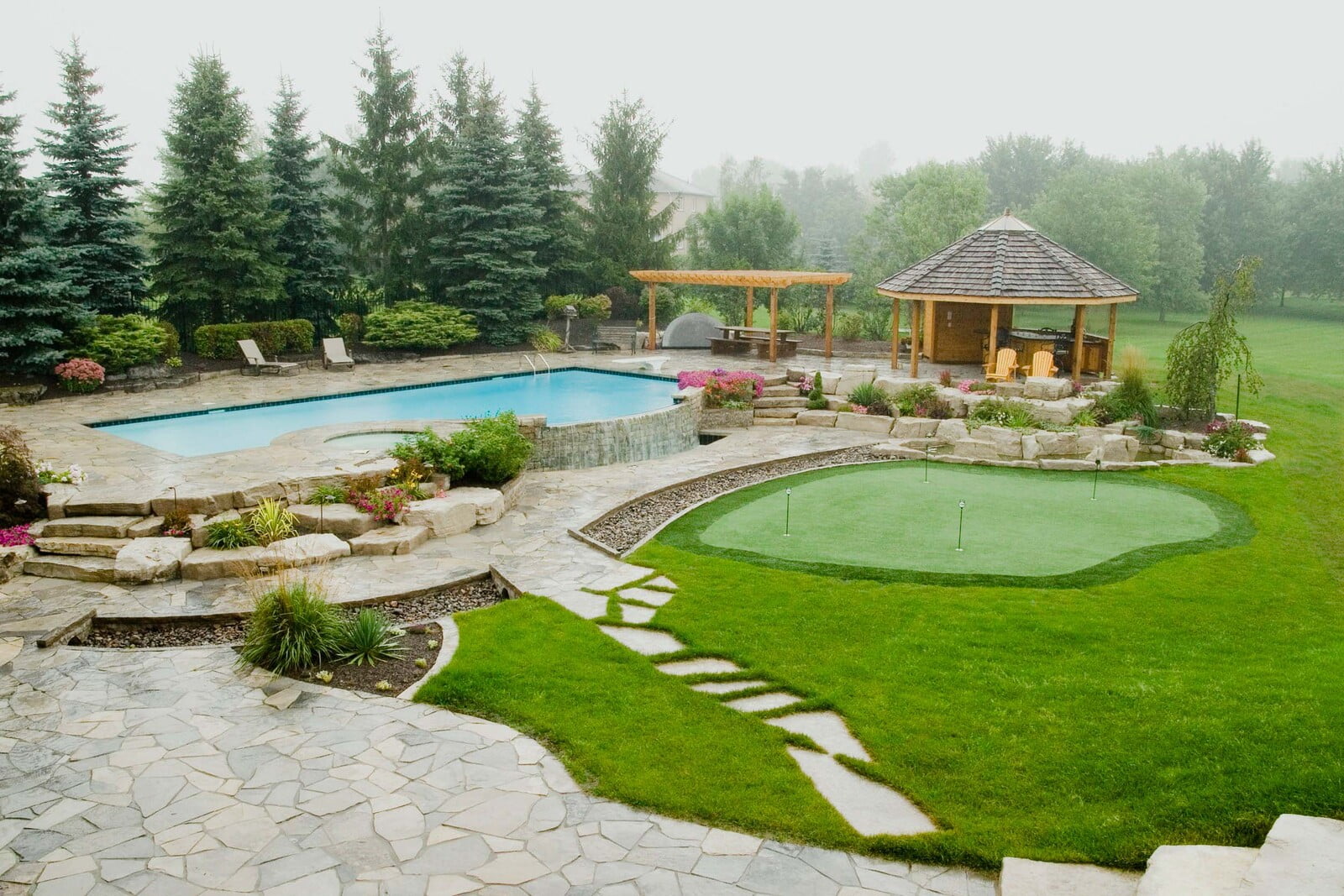 Completed landscape project with stone patio, lawn, pool, and planted garden beds